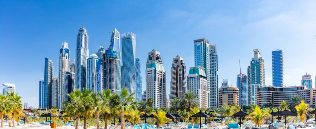 Dubai jumeirah beach with marina skyscrapers in UAE